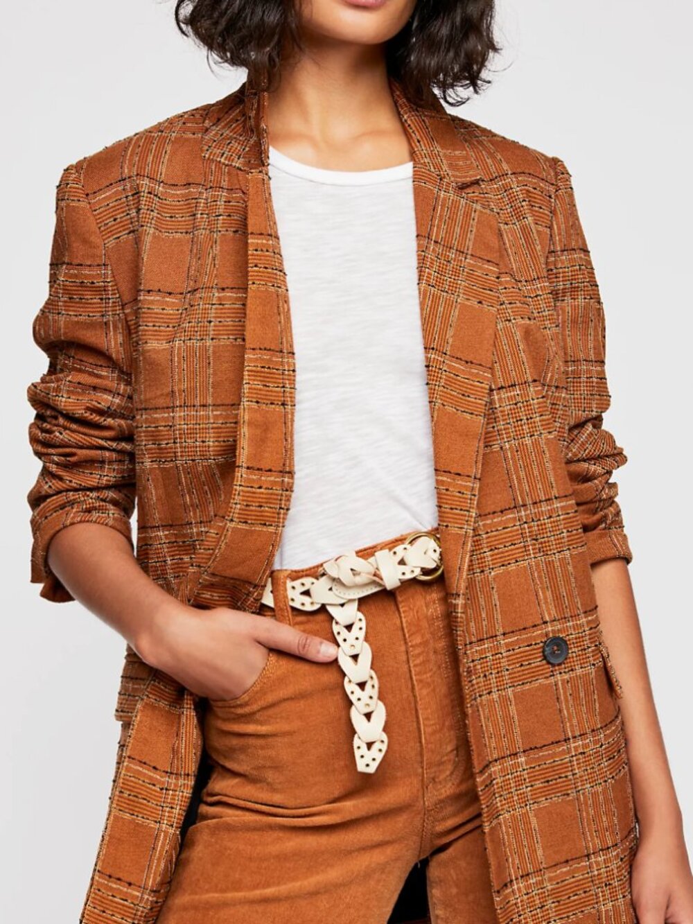 Free People Uptown Girl Double-breasted Blazer - Brown & Black Plaid Pattern